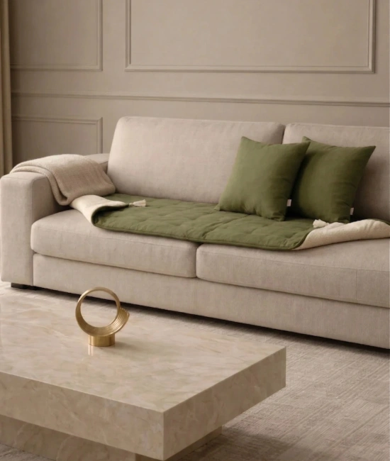 Luxury Çift Taraflı Keten Koltuk Pedi / Şiltesi [Kırlentli] - Haki-Krem