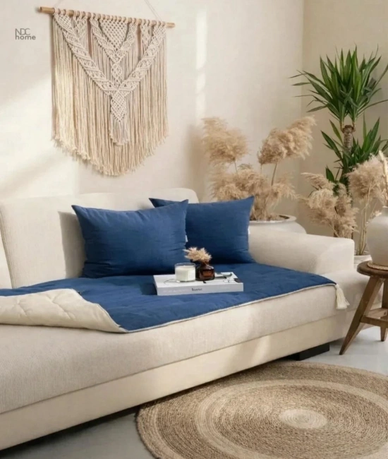 Çift Taraflı Keten Koltuk Pedi / Şiltesi [Kırlentli] - Lacivert-Krem