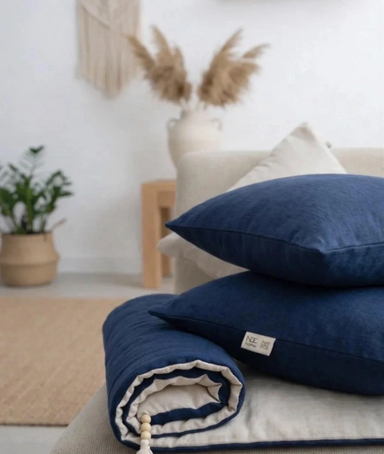 Çift Taraflı Keten Koltuk Pedi / Şiltesi [Kırlentli] - Lacivert-Krem