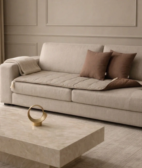 Luxury Çift Taraflı Keten Koltuk Pedi / Şiltesi [Kırlentli] - Kahverengi-Bej