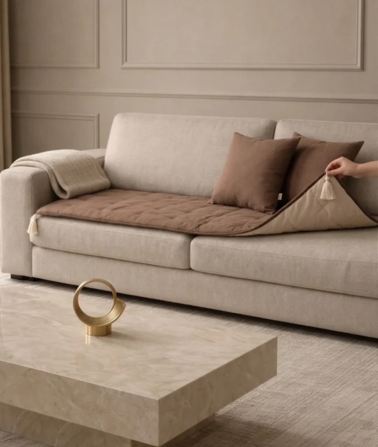 Luxury Çift Taraflı Keten Koltuk Pedi / Şiltesi [Kırlentli] - Kahverengi-Bej