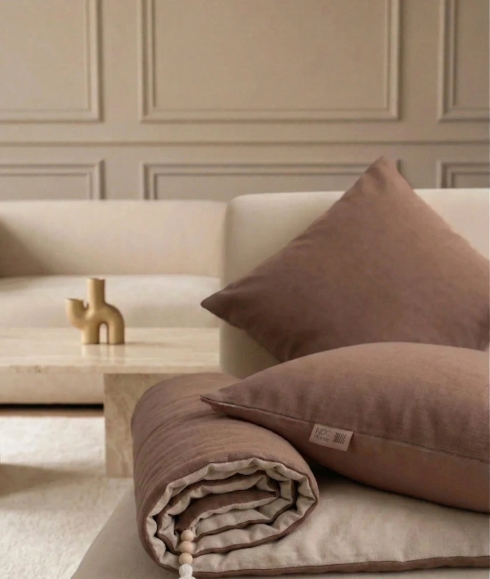 Luxury Çift Taraflı Keten Koltuk Pedi / Şiltesi [Kırlentli] - Kahverengi-Bej