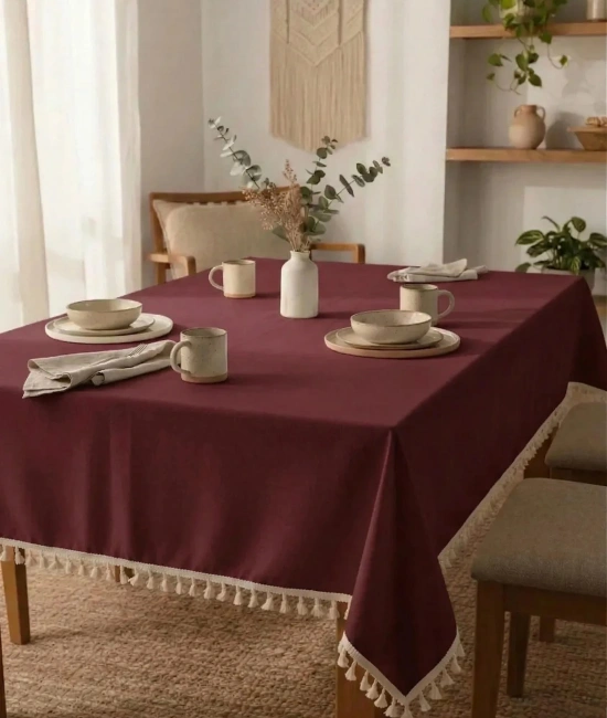 Bordo Pamuk Keten Ham Ponponlu Masa Örtüsü