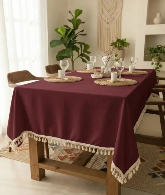 Bordo Pamuk Keten Ham Ponponlu Masa Örtüsü