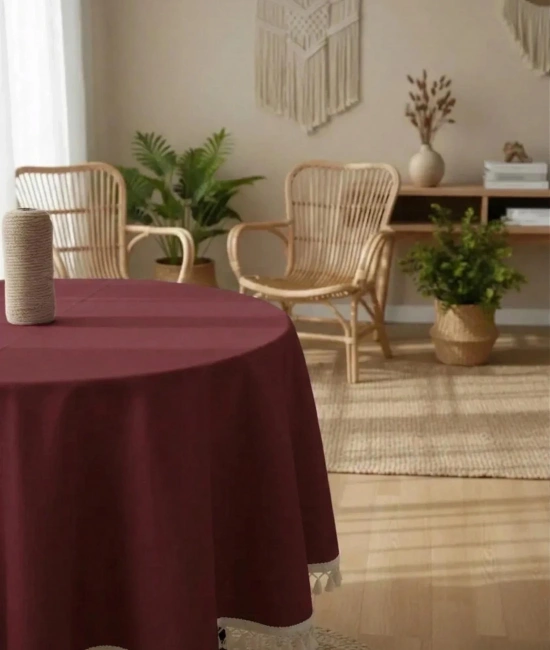 Bordo Pamuk Keten Ham Ponponlu Yuvarlak Masa Örtüsü