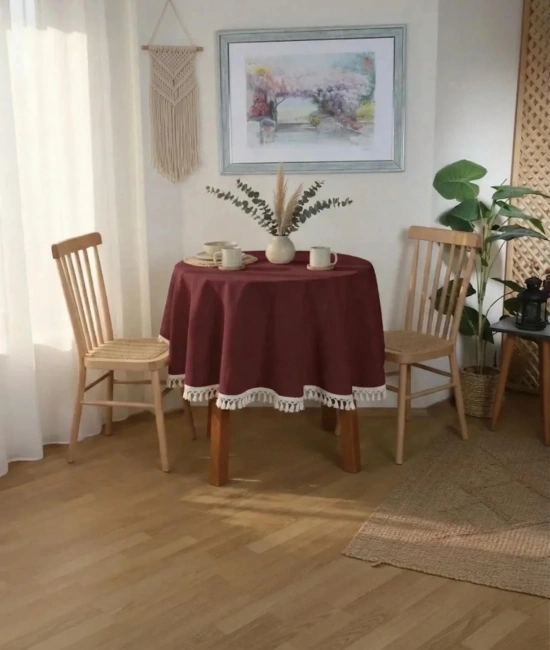 Bordo Pamuk Keten Ham Ponponlu Yuvarlak Masa Örtüsü