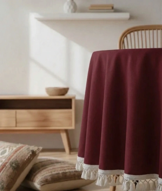 Bordo Pamuk Keten Ham Ponponlu Yuvarlak Masa Örtüsü