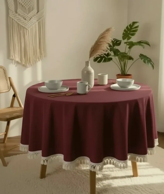 Bordo Pamuk Keten Ham Ponponlu Yuvarlak Masa Örtüsü