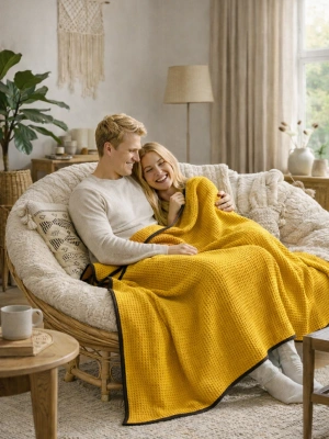 Waffle Dokuma Çok Amaçlı Pike TV Şalı / Battaniyesi - Sarı