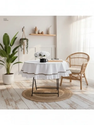 Beyaz Keten Özel Seri Fırfırlı Masa Örtüsü