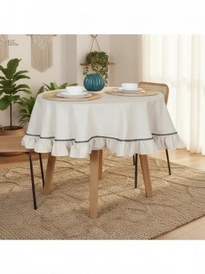 Ham Keten Yuvarlak Firfirli Özel Seri Masa Örtüsü