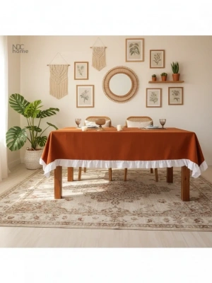 Tarçın Keten BEYAZ FIRFIRLI Masa Örtüsü