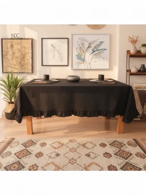 Siyah Keten Firfirli Masa Örtüsü