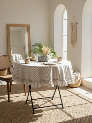 Gri Çizgili Keten YUVARLAK FIRFIRLI Masa Örtüsü