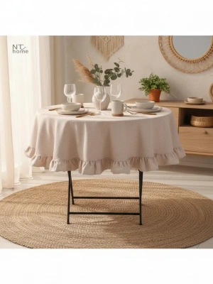 Bej Keten Yuvarlak Firfirli Masa Örtüsü
