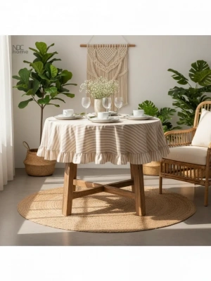 Sütlü Kahve Çizgili Keten YUVARLAK FIRFIRLI Masa Örtüsü