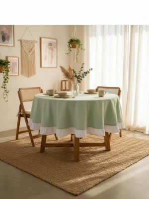 Yeşil Keten YUVARLAK (Beyaz) FIRFIRLI Masa Örtüsü