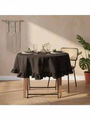 Siyah Keten YUVARLAK FIRFIRLI Masa Örtüsü