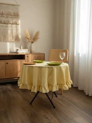 Sarı Keten Fırfırlı Yuvarlak Masa Örtüsü