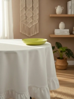 Ham Keten Krem FIRFIRLI Yuvarlak Masa Örtüsü