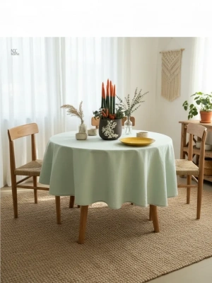 Keten Adaçayı Yeşil Yuvarlak DÜZ Masa Örtüsü
