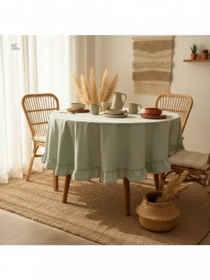Premium Keten Adaçayı Yeşil FIRFIRLI YUVARLAK Masa Örtüsü