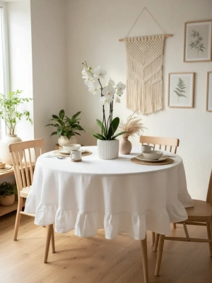 Premium Beyaz Keten Fırfırlı Yuvarlak Masa Örtüsü