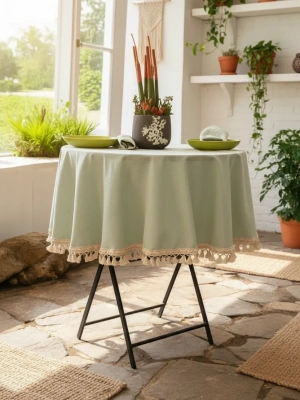 Premium Keten Adaçayı Yeşil YUVARLAK Ham Ponponlu Masa Örtüsü