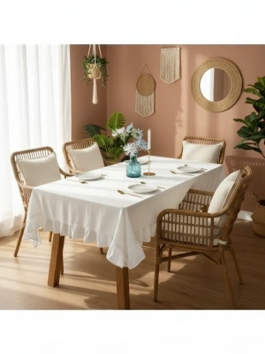 Premium Keten Beyaz Fırfırlı Masa Örtüsü