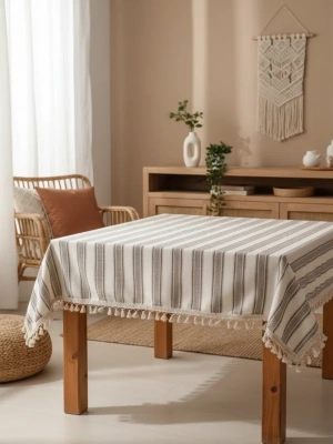 Buldan Dokuması Keten Kahverengi Çizgili Ponponlu Masa Örtüsü