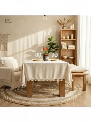 Buldan Dokuması Çizgili Krem Keten Ponponlu Masa Örtüsü