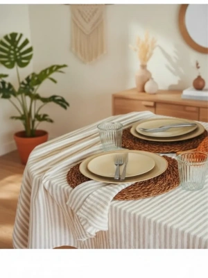 Keten Bej (DÜZ) Çizgili Masa Örtüsü