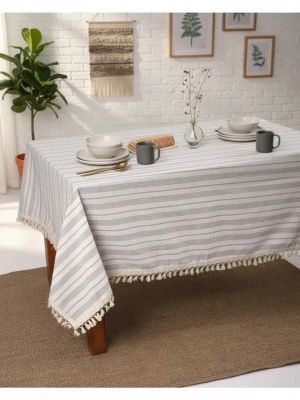 Keten Gri Antrasit Çizgili Ponponlu Masa Örtüsü