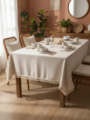 Bej Çizgili Keten Ponponlu Masa Örtüsü