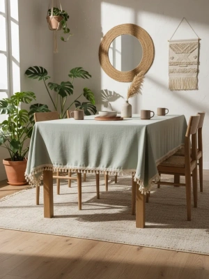 Premium Adaçayı Yeşili Ponponlu Masa Örtüsü