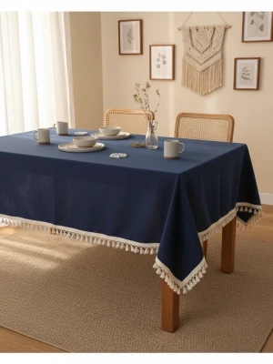 Premium Keten Lacivert Ponponlu Masa Örtüsü