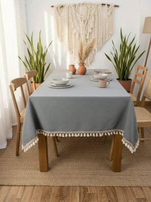 Premium Keten Füme Renk Kahverengi Şeritli Ponponlu Masa Örtüsü