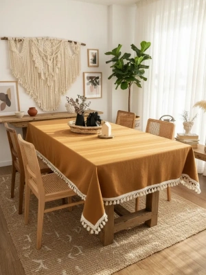Kiremit Tarçın Renk Keten Ham Ponponlu Masa Örtüsü