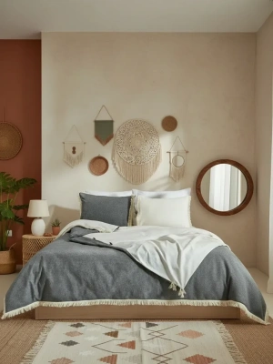 Çift Renkli Püsküllü (Antrasit - Krem) Keten Tek Kişilik Nevresim Takımı