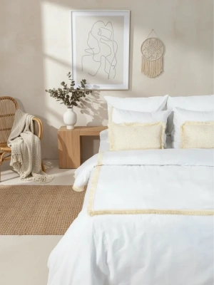 Beyaz Pamuk Keten Kare Püsküllü Tek Kişilik Nevresim Takımı