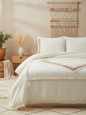 Beyaz Pamuk Keten Renkli Püsküllü Tek Kişilik Nevresim Takımı