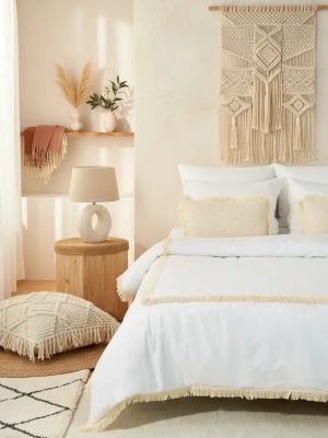 Beyaz Pamuk Keten Kare Püsküllü Çift Kişilik Nevresim Takımı