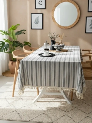 Gri Çizgili HAM Ponponlu Masa Örtüsü