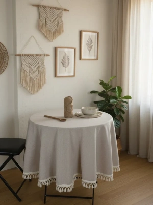 Bej Ham Ponponlu YUVARLAK Masa Örtüsü