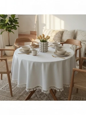 YUVARLAK Ham Keten Krem Ponponlu Masa Örtüsü