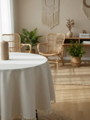 Beyaz Pamuk Keten Yuvarlak Ham Ponponlu Masa Örtüsü
