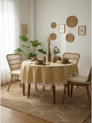 Sarı Keten Ham Ponponlu Yuvarlak Masa Örtüsü