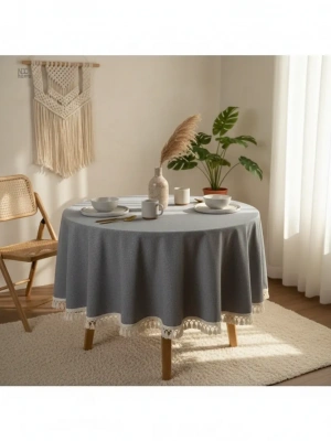 Gri Antrasit Keten Yuvarlak Masa Örtüsü (ham Ponponlu)