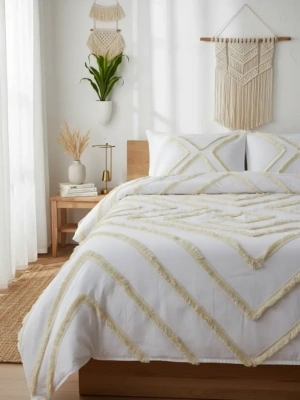 Beyaz Pamuk Keten Çoklu Püsküllü Tek Kişilik Nevresim Takımı (1 Yedek Yastıklı)