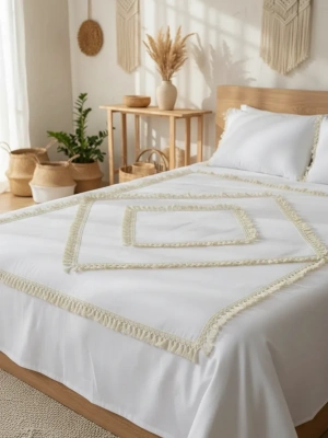 Beyaz Pamuk Keten Tek Kişilik Mozaik Ponponlu (yedek Yastıklı) Nevresim Takımı